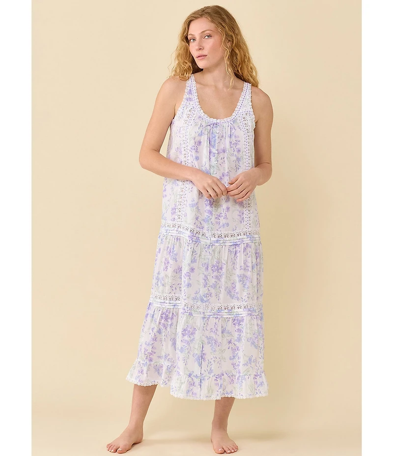 Eileen West Botanical Print Sleeveless Scoop Neck Woven Cotton Ballet Nightgown