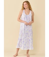 Eileen West Botanical Print Sleeveless Scoop Neck Woven Cotton Ballet Nightgown