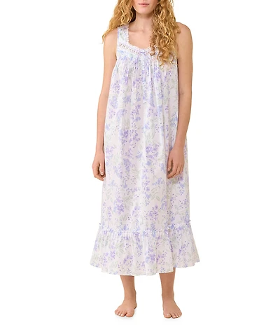 Eileen West Botanical Print Sleeveless Sweetheart Neck Cotton Woven Ballet Nightgown