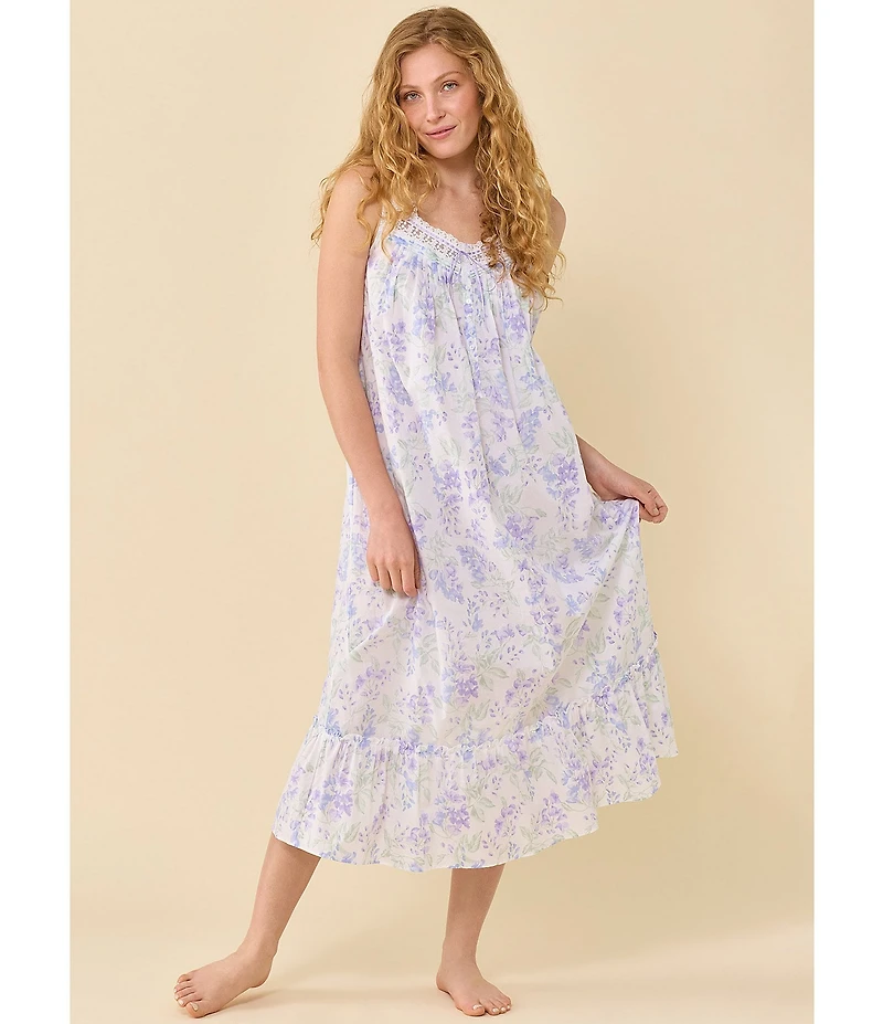 Eileen West Botanical Print Sleeveless Sweetheart Neck Cotton Woven Ballet Nightgown