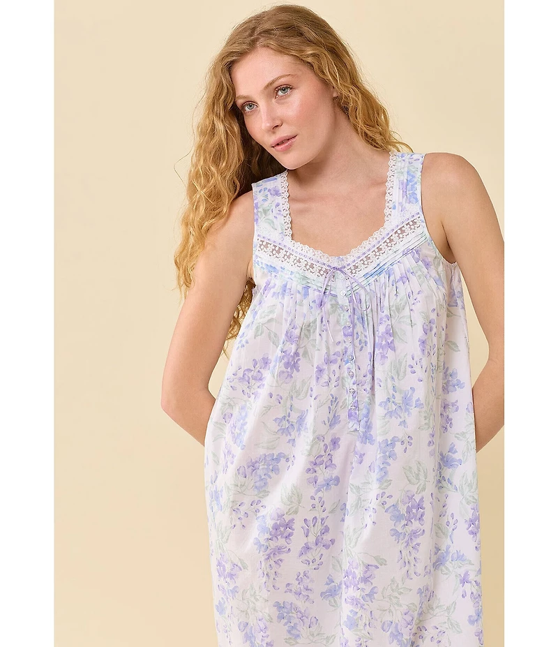 Eileen West Botanical Print Sleeveless Sweetheart Neck Cotton Woven Ballet Nightgown