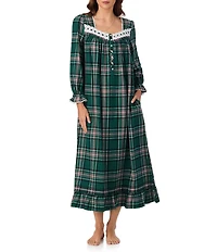 Eileen West Brushed Flannel Plaid Print Long Sleeve Sweetheart Neck Ballet Nightgown