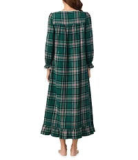 Eileen West Brushed Flannel Plaid Print Long Sleeve Sweetheart Neck Ballet Nightgown