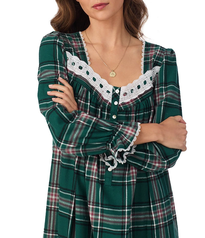 Eileen West Brushed Flannel Plaid Print Long Sleeve Sweetheart Neck Ballet Nightgown