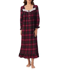 Eileen West Brushed Flannel Plaid Print Long Sleeve Sweetheart Neck Ballet Nightgown