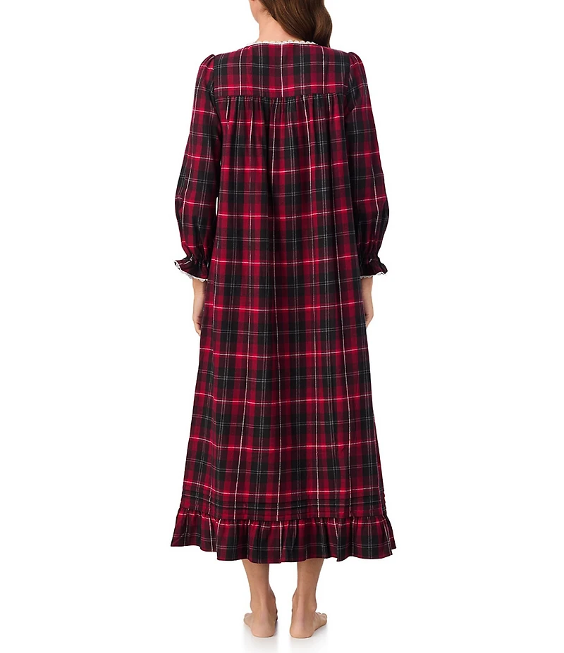 Eileen West Brushed Flannel Plaid Print Long Sleeve Sweetheart Neck Ballet Nightgown