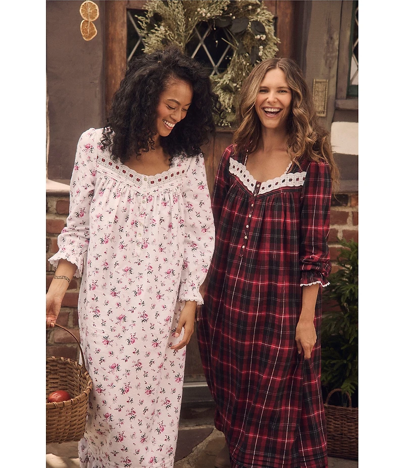 Eileen West Brushed Flannel Plaid Print Long Sleeve Sweetheart Neck Ballet Nightgown