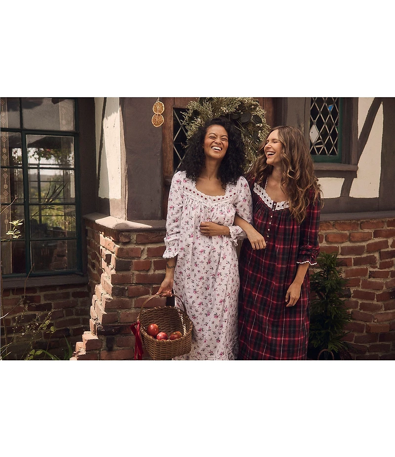 Eileen West Brushed Flannel Plaid Print Long Sleeve Sweetheart Neck Ballet Nightgown