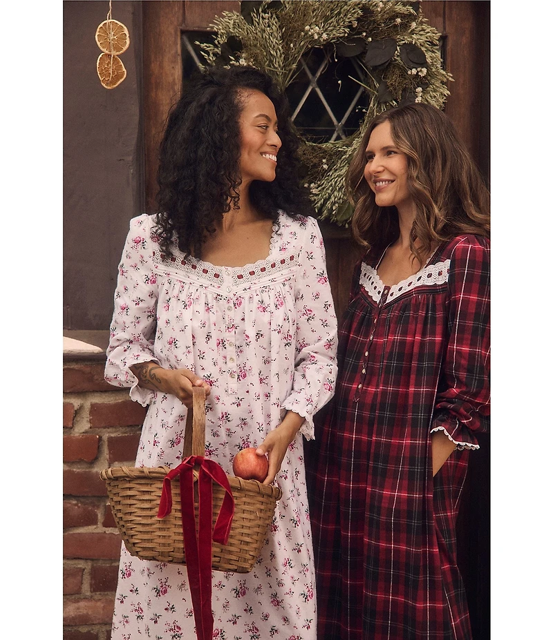 Eileen West Brushed Flannel Plaid Print Long Sleeve Sweetheart Neck Ballet Nightgown