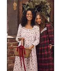 Eileen West Brushed Flannel Plaid Print Long Sleeve Sweetheart Neck Ballet Nightgown