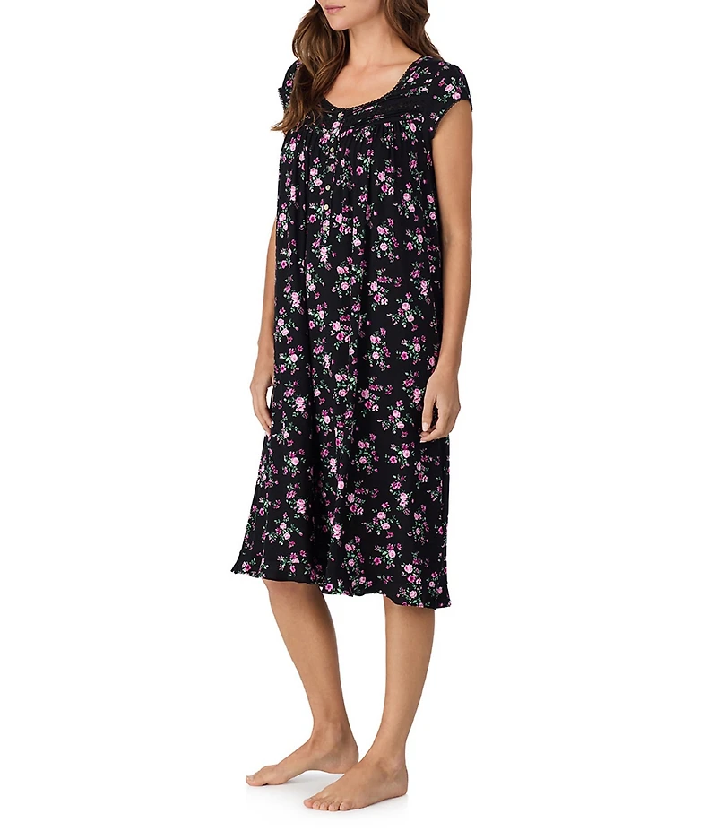 Eileen West Cap Sleeve Sweetheart Neck Jersey Knit Ditsy Floral Print Waltz Nightgown