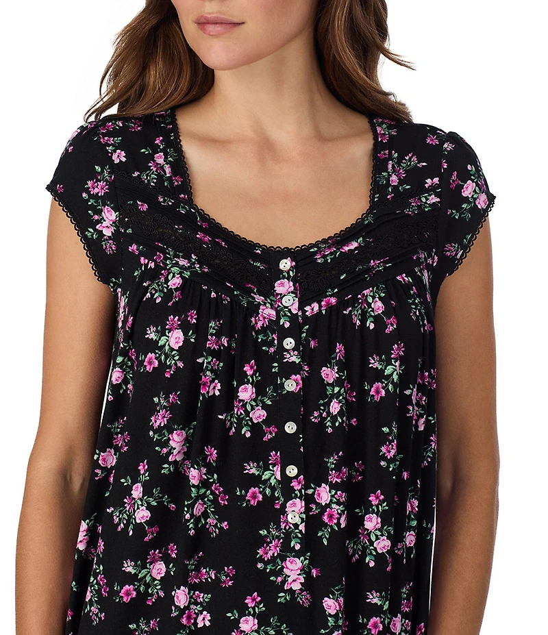 Eileen West Cap Sleeve Sweetheart Neck Jersey Knit Ditsy Floral Print Waltz Nightgown