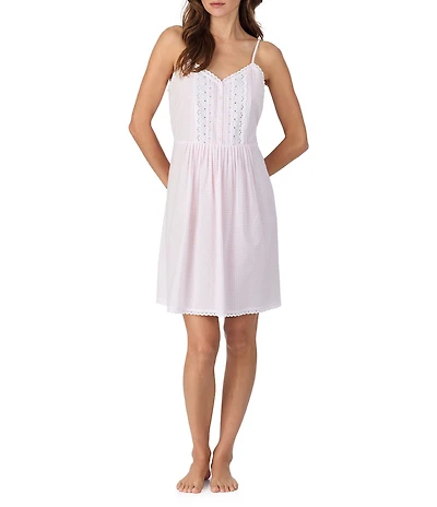 Eileen West Check Print Woven Swiss Dot Sleeveless Sweetheart Neck Coordinating Chemise