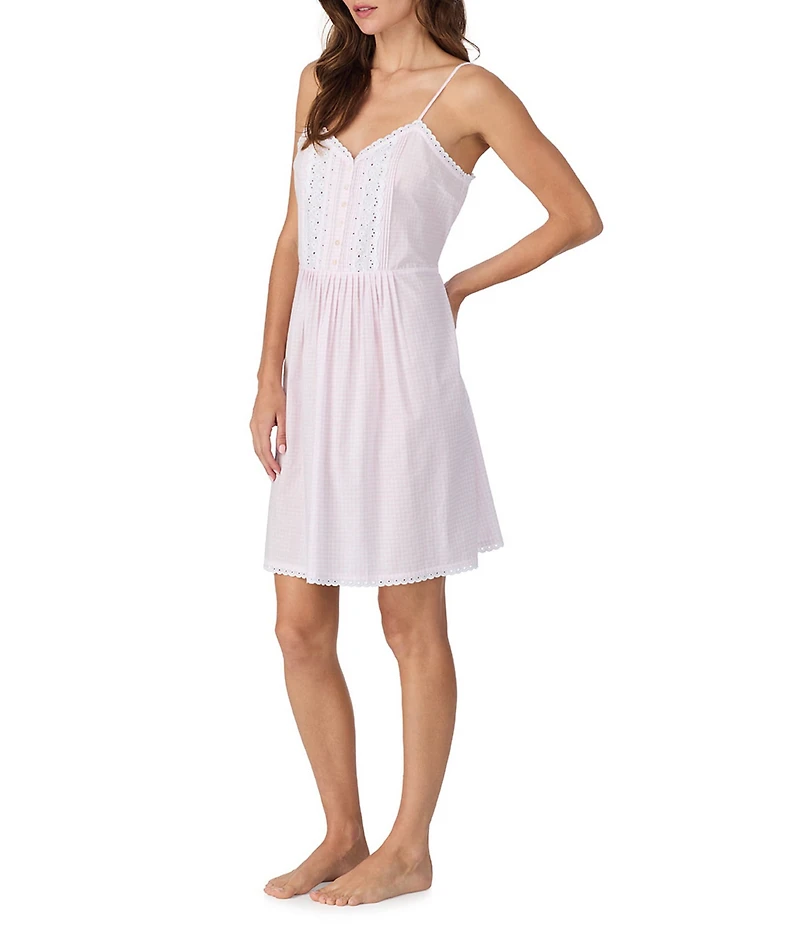 Eileen West Check Print Woven Swiss Dot Sleeveless Sweetheart Neck Coordinating Chemise