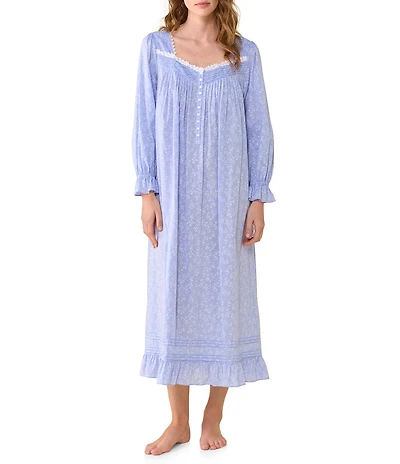 Eileen West Ditsy Print Cotton Chambray Long Sleeve Sweetheart Neckline Long Nightgown