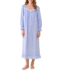 Eileen West Ditsy Print Cotton Chambray Long Sleeve Sweetheart Neckline Long Nightgown