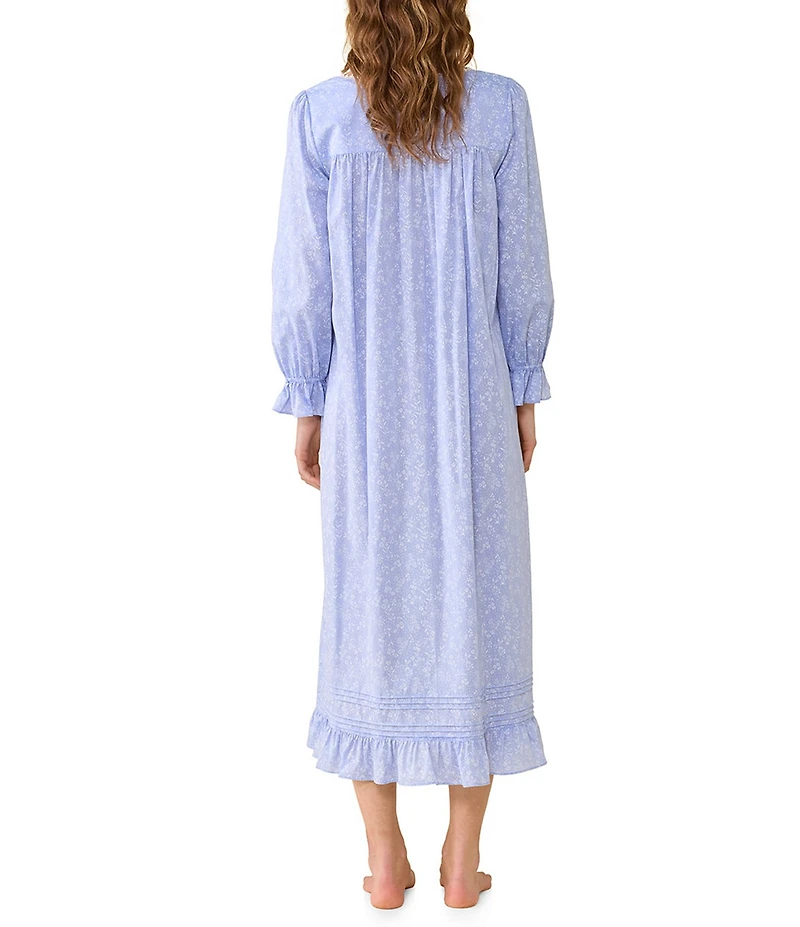Eileen West Ditsy Print Cotton Chambray Long Sleeve Sweetheart Neckline Long Nightgown