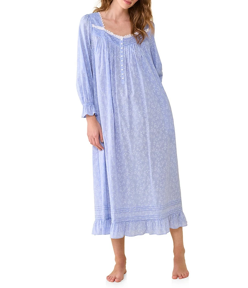 Eileen West Ditsy Print Cotton Chambray Long Sleeve Sweetheart Neckline Long Nightgown