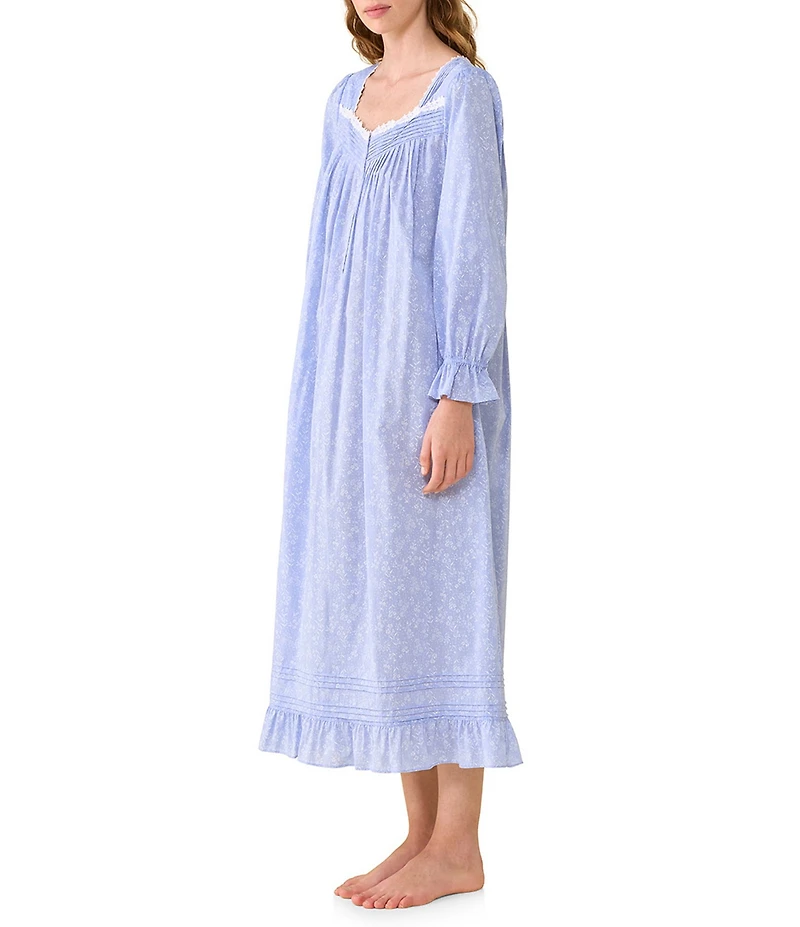 Eileen West Ditsy Print Cotton Chambray Long Sleeve Sweetheart Neckline Long Nightgown