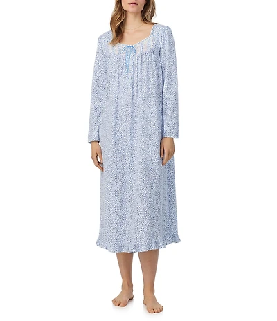 Eileen West Ditsy Print Long Sleeve Square Neck Jersey Knit Long Nightgown