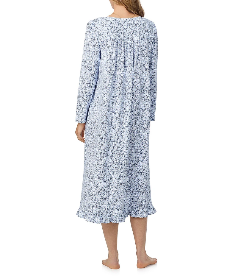 Eileen West Ditsy Print Long Sleeve Square Neck Jersey Knit Long Nightgown