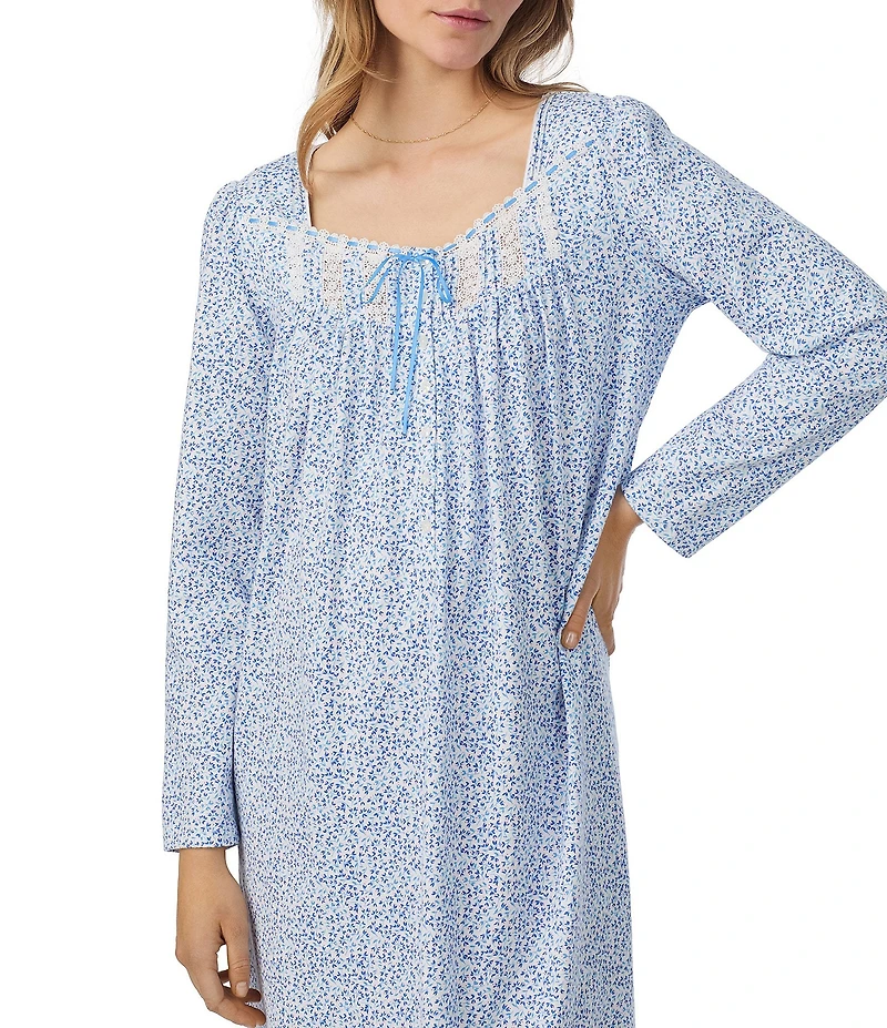 Eileen West Ditsy Print Long Sleeve Square Neck Jersey Knit Long Nightgown