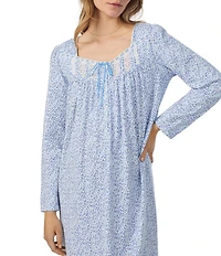 Eileen West Ditsy Print Long Sleeve Square Neck Jersey Knit Long Nightgown