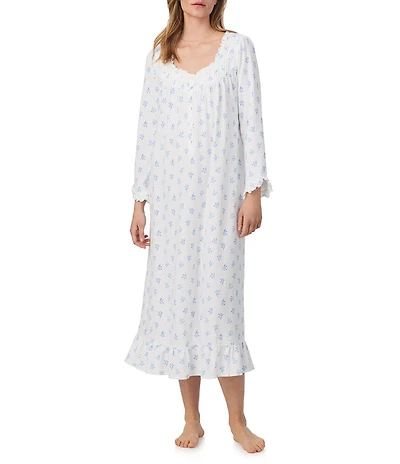 Eileen West Ditsy Print Long Sleeve Sweetheart Neck Knit Cotton Pointelle Ballet Nightgown