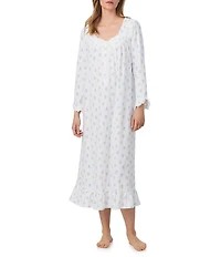 Eileen West Ditsy Print Long Sleeve Sweetheart Neck Knit Cotton Pointelle Ballet Nightgown
