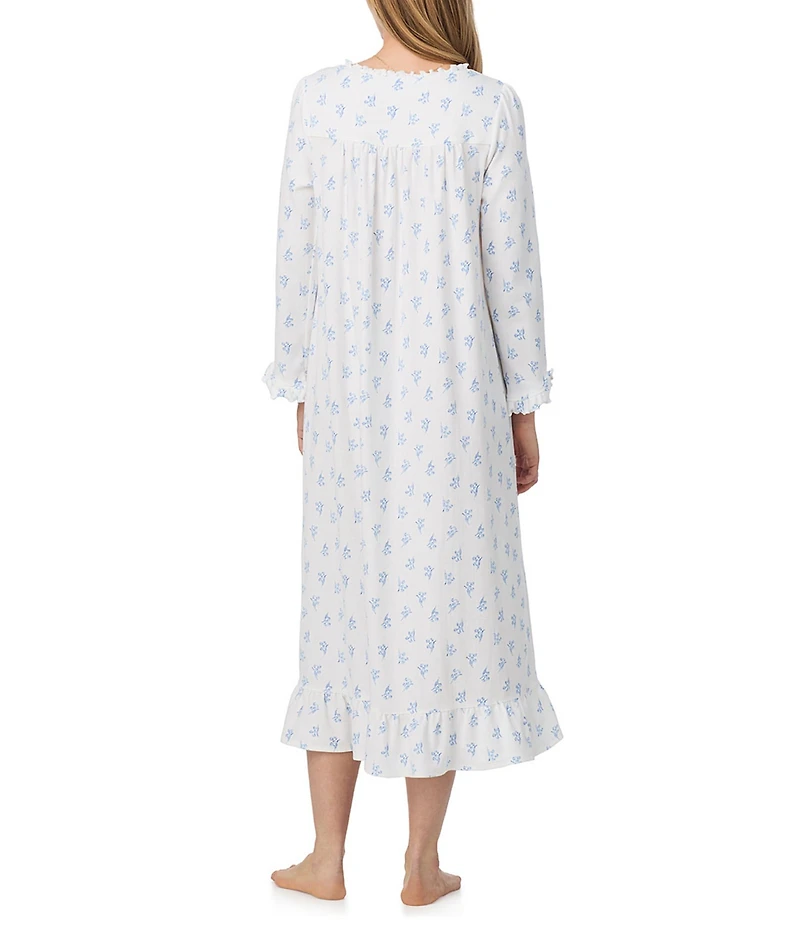 Eileen West Ditsy Print Long Sleeve Sweetheart Neck Knit Cotton Pointelle Ballet Nightgown