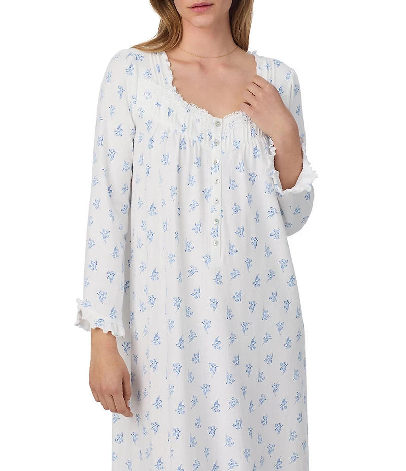 Eileen West Ditsy Print Long Sleeve Sweetheart Neck Knit Cotton Pointelle Ballet Nightgown