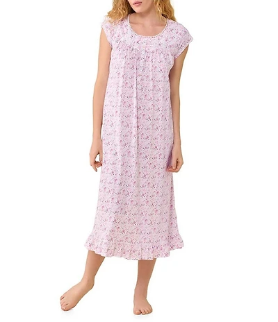Eileen West Ditzy Floral Print Cap Sleeve Scoop Neck Cotton Jersey Knit Midi Nightgown