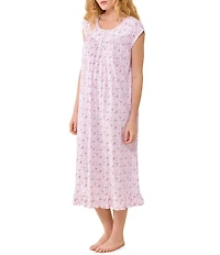Eileen West Ditzy Floral Print Cap Sleeve Scoop Neck Cotton Jersey Knit Midi Nightgown