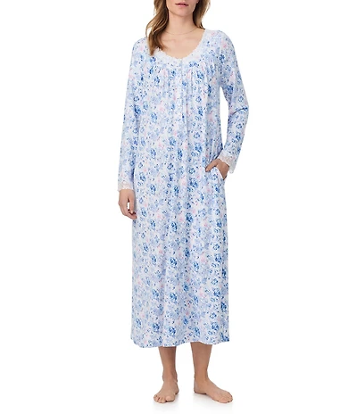 Eileen West Ditzy Print Sweater Knit Long Sleeve V-Neck Nightgown