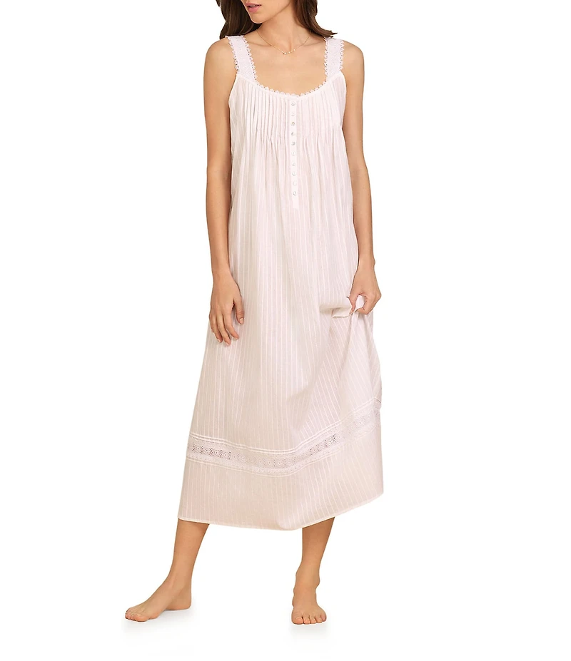 Eileen West Dobby Striped Textured Woven Round Neck Sleeveless Ballet Cotton Nightgown