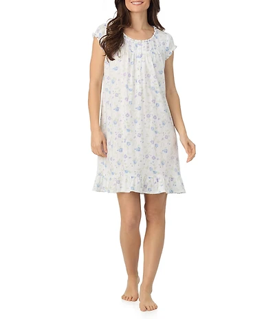 Eileen West Floral Cap Sleeve Round Neck Jersey Knit Cotton Short Nightgown