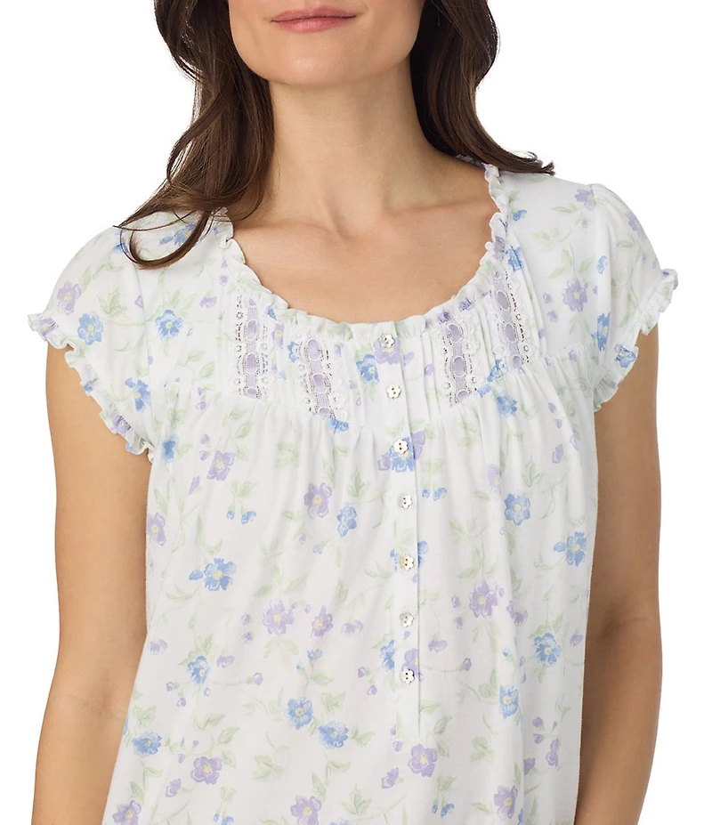Eileen West Floral Cap Sleeve Round Neck Jersey Knit Cotton Short Nightgown