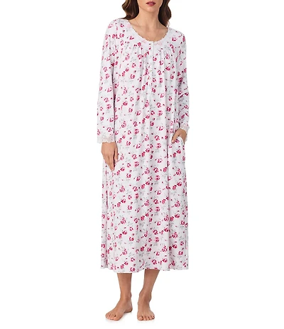Eileen West Floral Ditzy Print Sweater Knit Long Sleeve V-Neck Nightgown