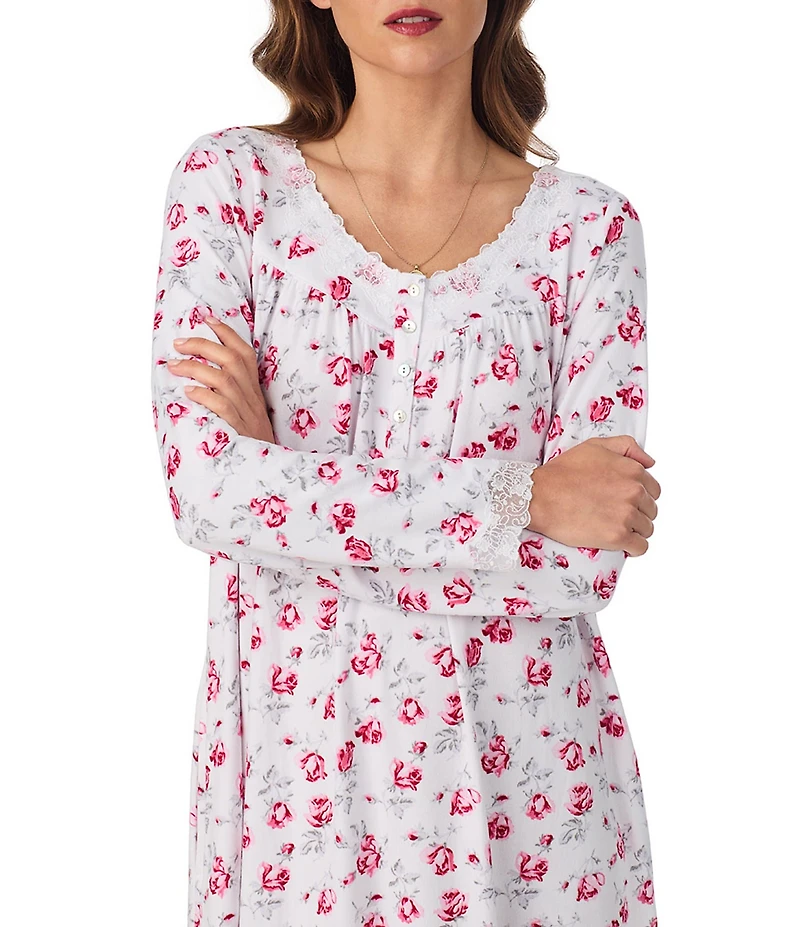 Eileen West Floral Ditzy Print Sweater Knit Long Sleeve V-Neck Nightgown