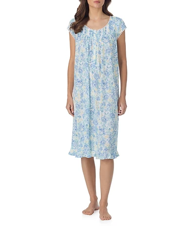 Eileen West Floral Print Cap Sleeve Round Neck Cotton Jersey Knit Waltz Nightgown