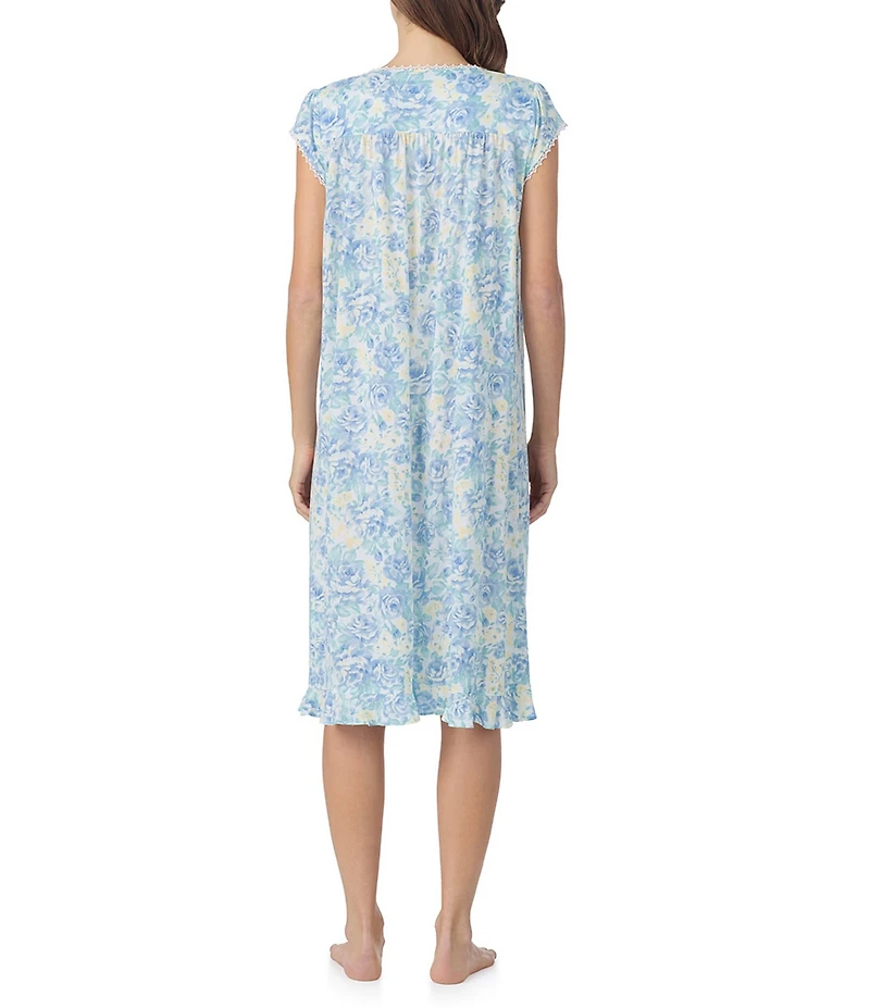 Eileen West Floral Print Cap Sleeve Round Neck Cotton Jersey Knit Waltz Nightgown