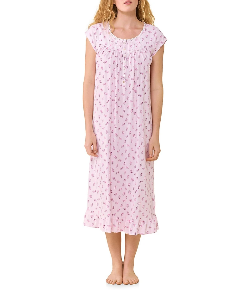Eileen West Floral Print Cap Sleeve Scoop Neck Cotton Jersey Knit Midi Nightgown