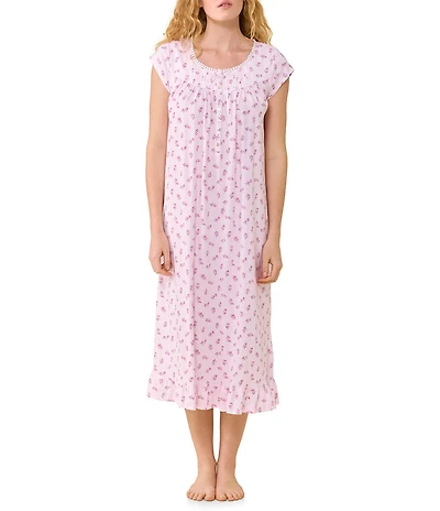 Eileen West Floral Print Cap Sleeve Scoop Neck Cotton Jersey Knit Midi Nightgown