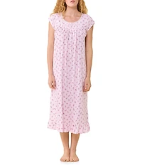 Eileen West Floral Print Cap Sleeve Scoop Neck Cotton Jersey Knit Midi Nightgown