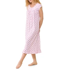 Eileen West Floral Print Cap Sleeve Scoop Neck Cotton Jersey Knit Midi Nightgown