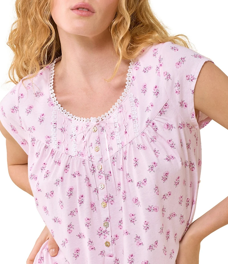 Eileen West Floral Print Cap Sleeve Scoop Neck Cotton Jersey Knit Midi Nightgown