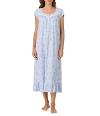 Eileen West Floral Print Cap Sleeve Sweetheart Neck Cotton Long Ruffled Hem Nightgown