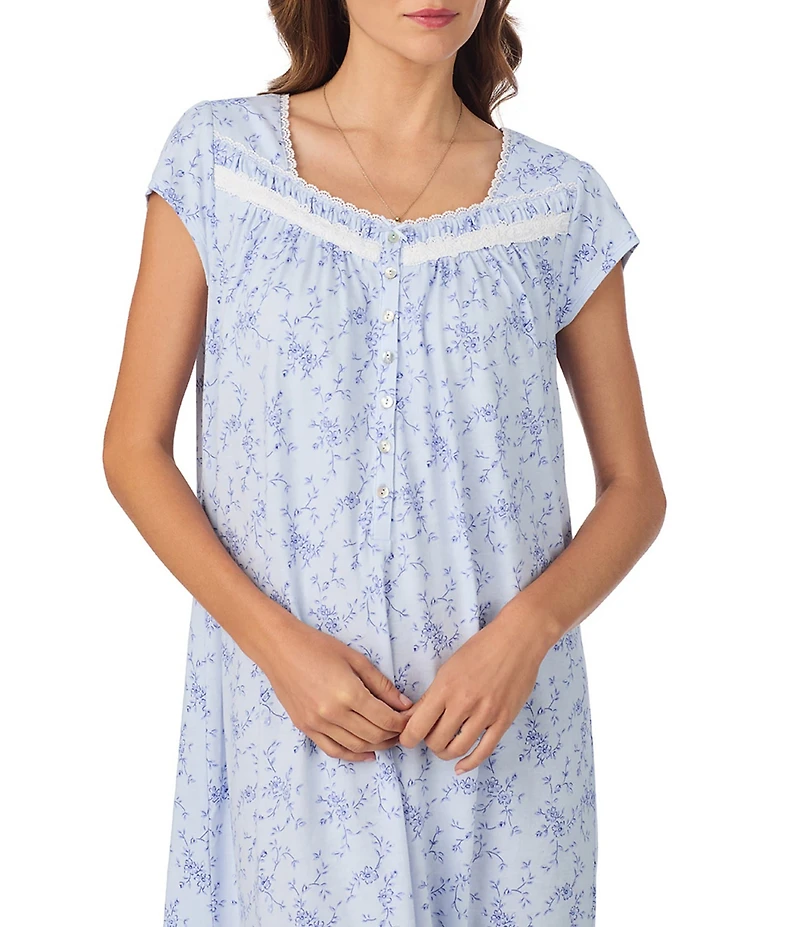 Eileen West Floral Print Cap Sleeve Sweetheart Neck Cotton Long Ruffled Hem Nightgown
