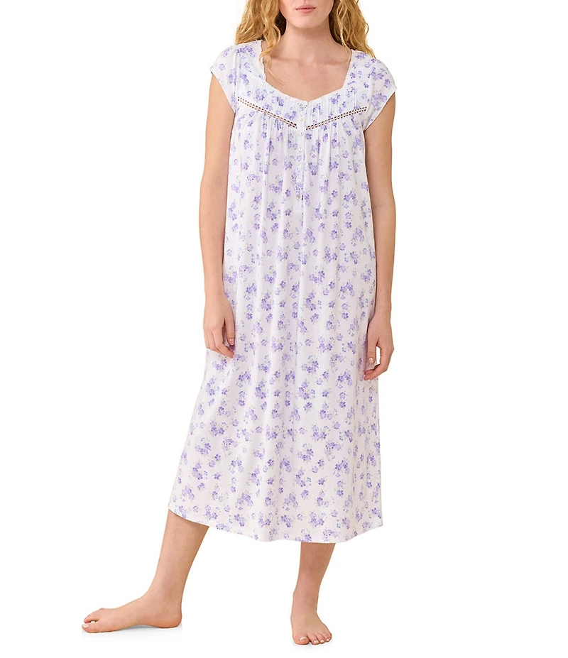 Eileen West Floral Print Cap Sleeve Sweetheart Neck Jersey Knit Cotton Long Nightgown