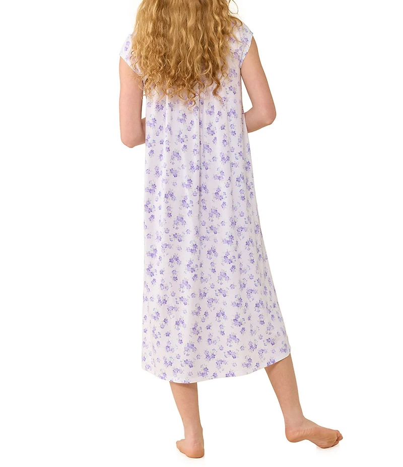 Eileen West Floral Print Cap Sleeve Sweetheart Neck Jersey Knit Cotton Long Nightgown